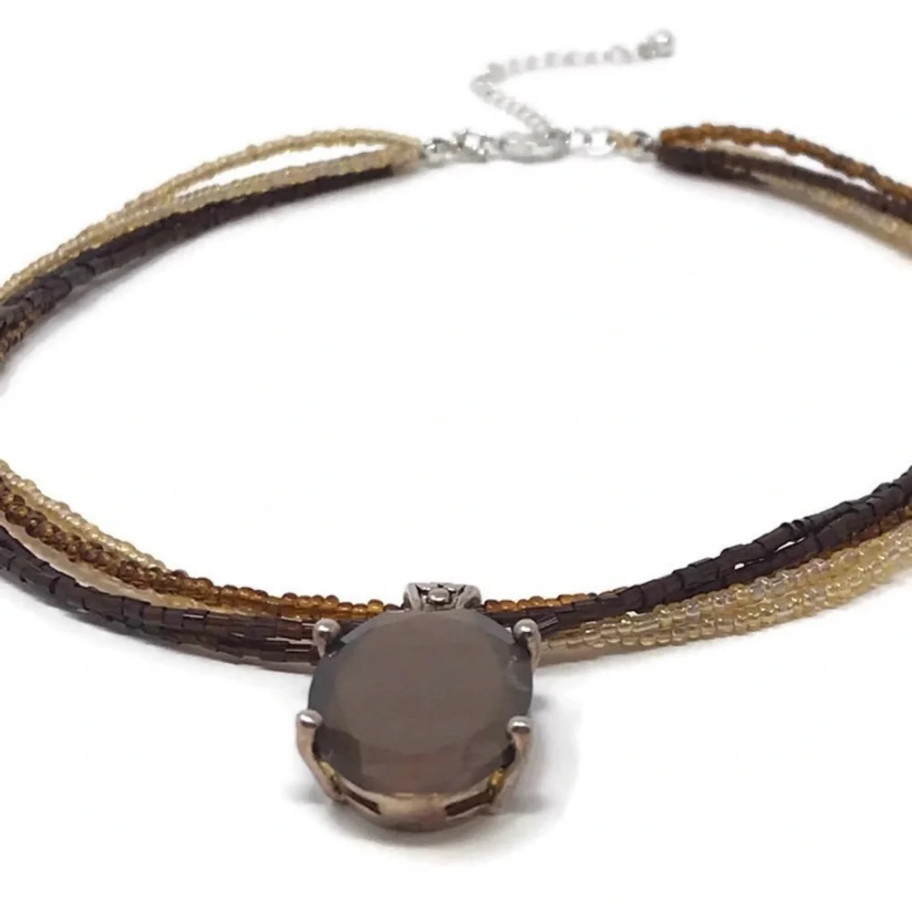 Brown Beaded Multi Strand Necklace Faceted Stone‎ Pendant Boho Chic Earthcore